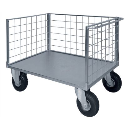 Carrello Pianale a 3 sponde in rete zincata ruote pneumatiche
