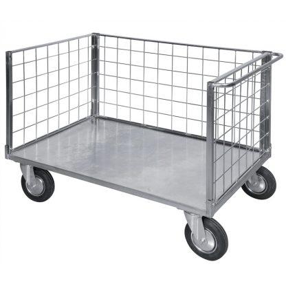 Carrello pianale 3 sponde in rete zincato ruote gomma piena 2 girevoli