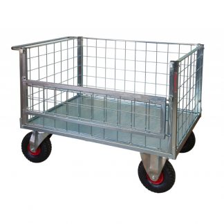 Carrello Pianale 4 sponde ribaltabile rete zincato 4 ruote pneumatiche