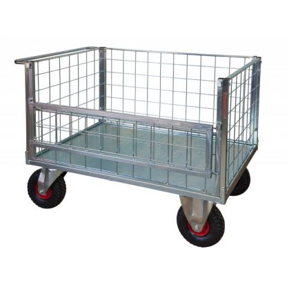 Carrello Pianale 4 sponde ribaltabile rete zincato 4 ruote pneumatiche