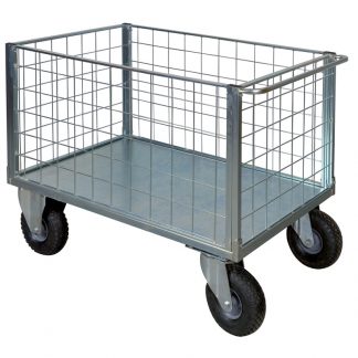 Carrello Pianale 4 sponde rete zincato ruote pneumatiche 2 girevoli