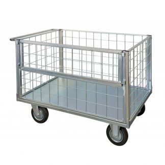 Carrello pianale 4 sponde una ribaltabile rete zincato 750 x 1150 2 girevoli
