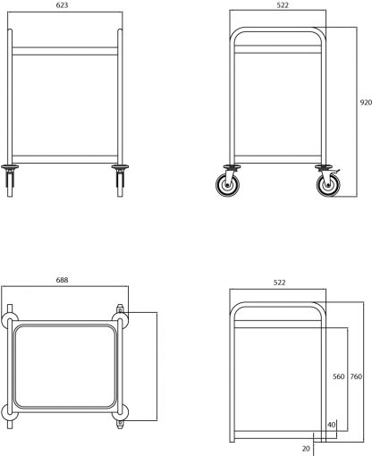Carrello servizio per ristorazione a 2 ripiani misure